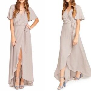 Show Me Your MuMu Sophia Tan Flutter Sleeve Maxi Wrap Dress- Size Large